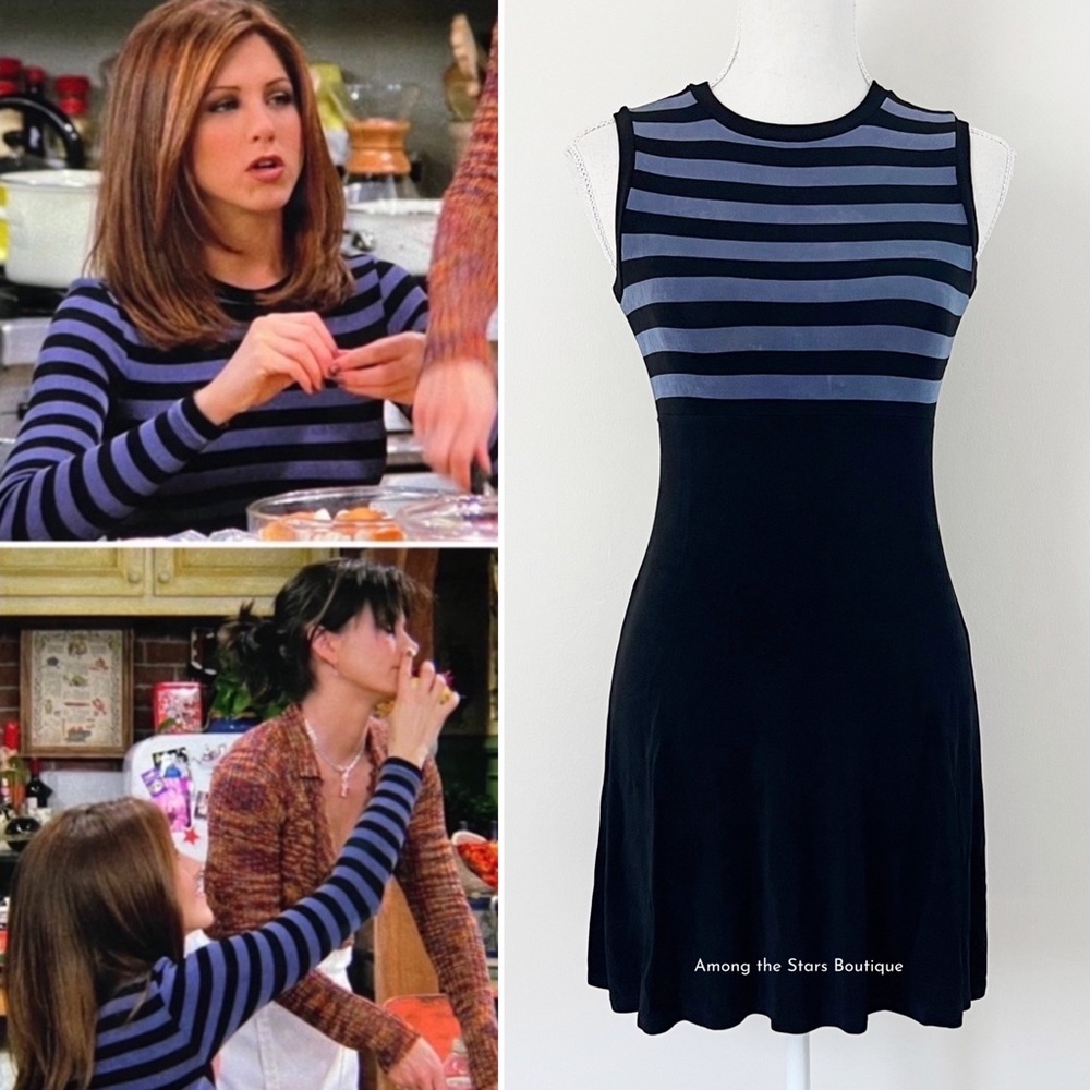 FLAWED GEM Rare Vintage 90s Jersey Knit Striped Dress Alt. ASO Rachel in Friends - Picture 3 of 14